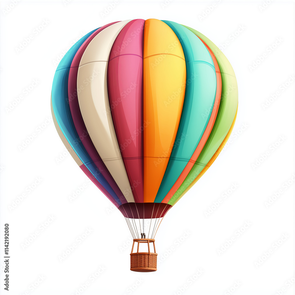 Fototapeta premium Vibrant hot air balloon illustration in vivid colors like red, blue, and yellow, isolated on a white background, perfect for travel and adventure concepts