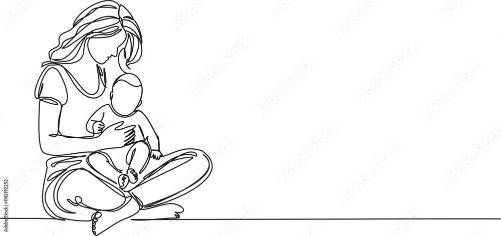 Fototapeta premium continuous line drawing of mother with toddler on her lap, line art vector illustration