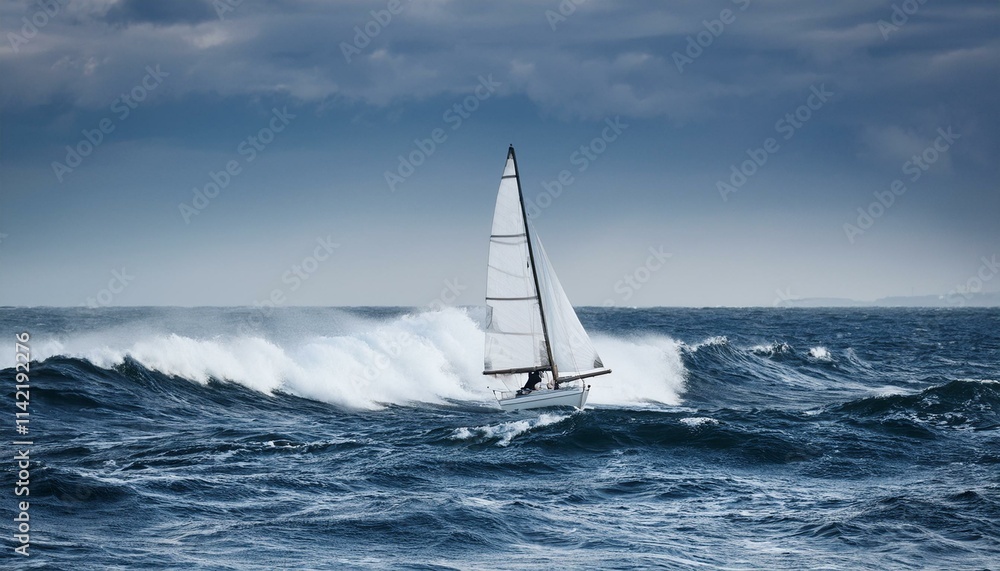 Naklejka premium 거대한 파도를 정면으로 마주하는 작고 단단한 돛단배