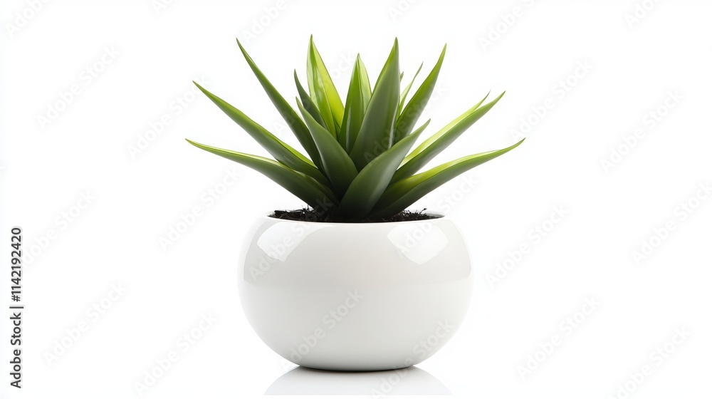 A sleek ceramic pot is home to a vibrant snake plant. The clean white background isolates the pair, showcasing their elegant simplicity A sleek ceramic pot is home to a vibrant snake plant. The clean white background isolates the pair, showcasing their elegant simplicity
