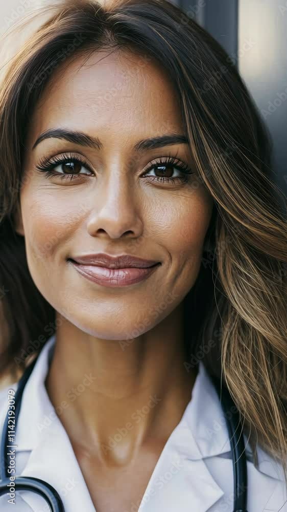 Confident healthcare professional wearing a stethoscope and smiling outdoors during daytime Confident healthcare professional wearing a stethoscope and smiling outdoors during daytime