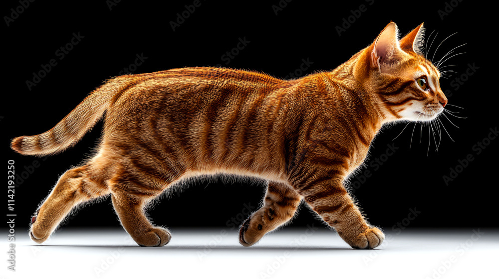 Obraz premium Red tabby kitten walking on white background.