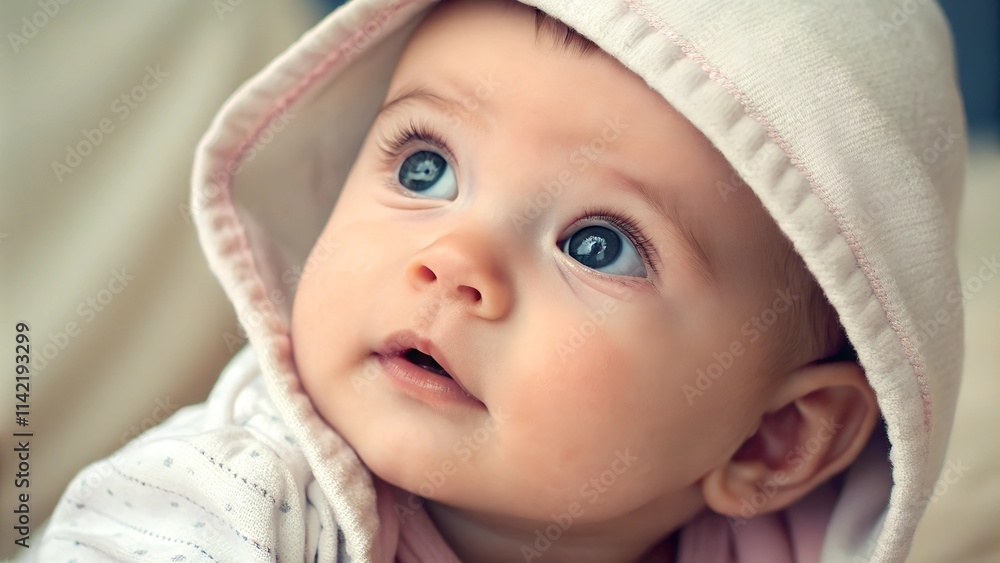 A sweet portrait of a baby wearing a soft, light pink hoodie, looking upwards curiously. The baby's wide blue eyes and gentle expression capture the innocence of childhood. A sweet portrait of a baby wearing a soft, light pink hoodie, looking upwards curiously. The baby's wide blue eyes and gentle expression capture the innocence of childhood.