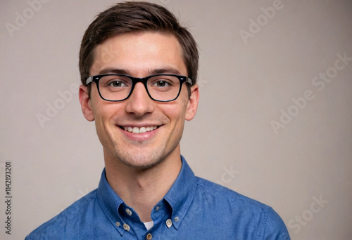 Portrait, young professional man, blue collared shirt, rectangular glasses, warm smile, short brown hair, clean-shaven, friendly expression, soft lighting, neutral background, headshot, corporate styl