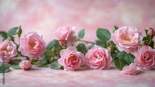 Fresh pink roses in full bloom line a soft pink pastel background, scattered rose petals and green leaves enhance the romantic floral arrangement with a dreamy, feminine aesthetic.