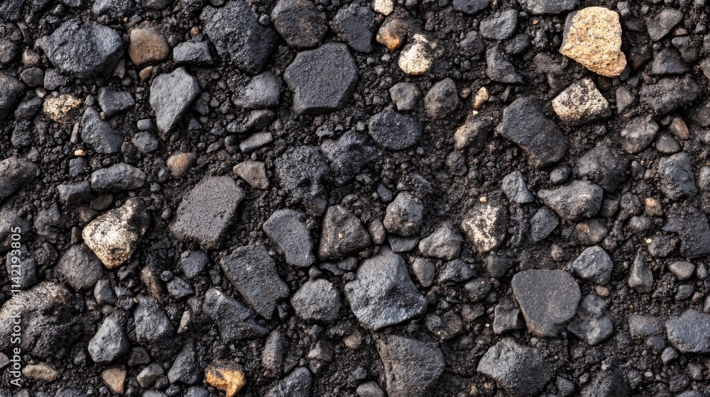 Dark stones embedded in black asphalt road surface Dark stones embedded in black asphalt road surface