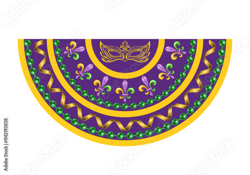 Semicircle Mardi Gras banner, flag for holiday celebration, decoration. Half circle bunting with Fleur de Lis symbol masks, strings of beads, streamer ribbons. Vintage style
