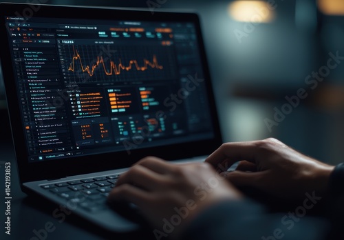 Close-up of Hands Typing on Laptop with Data Analysis Screen Display