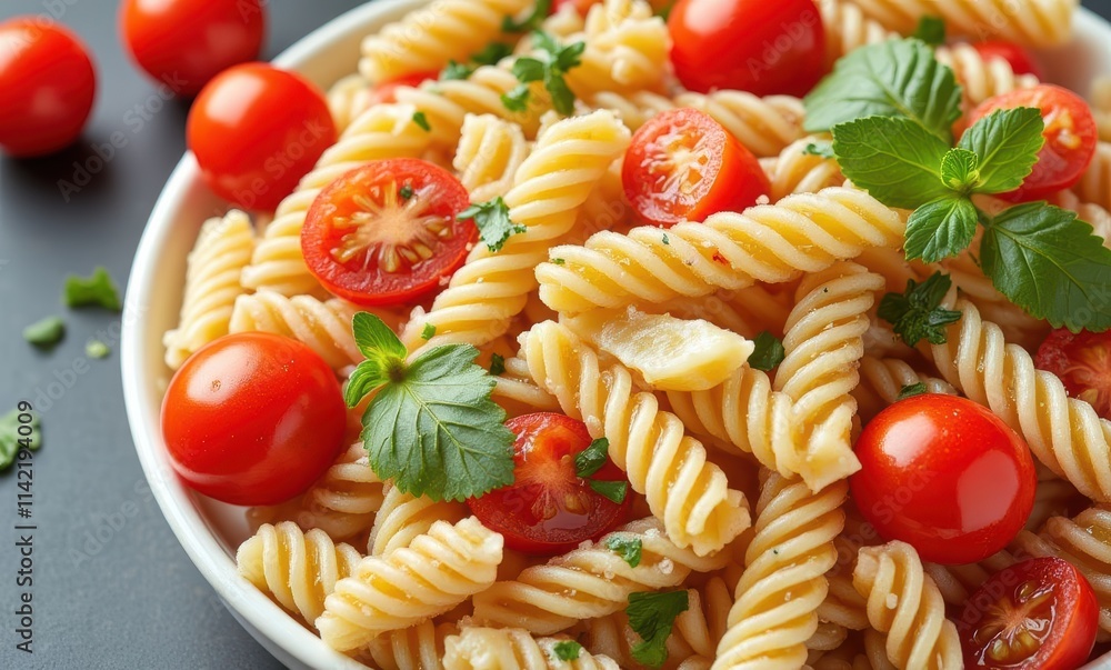 Delicious pasta salad with tomatoes and herbs Delicious pasta salad with tomatoes and herbs