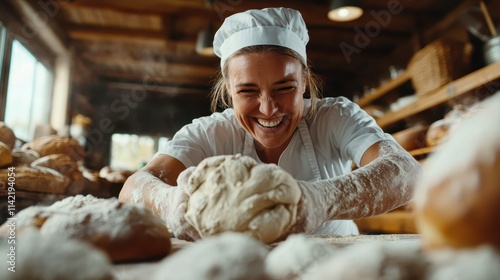 A joyful baker wearing a chef hat kneads dough, surrounded by fresh bread in a warmly lit rustic bakery with wooden décor and a cozy ambiance. photo