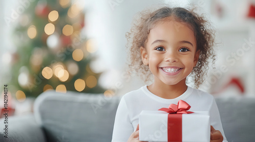happy african american girl, Adorable child unwrapping a Christmas present under a sparkling tree. Magical holiday scene with copy space, ideal for greeting cards or festive advertisements.