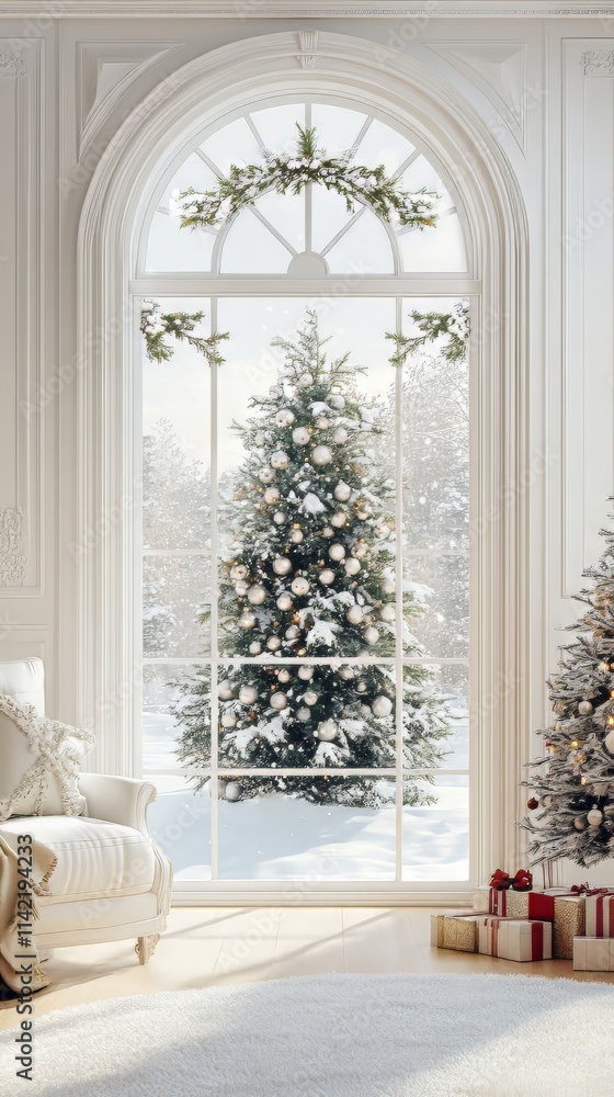 Christmas digital backdrop : beautiful interior decoration with white window, snowy christmas tree outside. christmas wallpaper. Ultra realistic. Photorealistic Christmas digital backdrop : beautiful interior decoration with white window, snowy christmas tree outside. christmas wallpaper. Ultra realistic. Photorealistic
