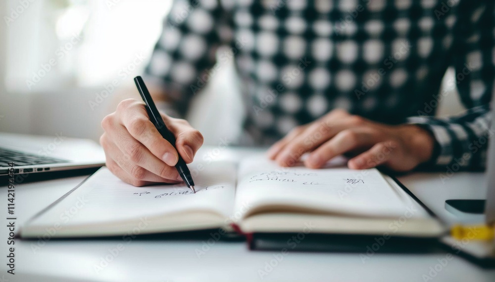 Person Taking Notes in a Notebook with Laptop on a White Desk Person Taking Notes in a Notebook with Laptop on a White Desk