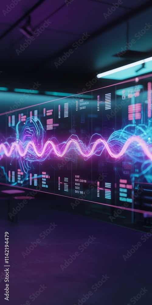 Futuristic digital screen with neon wave patterns in a tech environment. Futuristic digital screen with neon wave patterns in a tech environment.