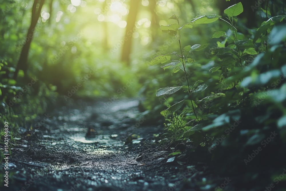 Sunlit forest path through lush green foliage. Sunlit forest path through lush green foliage.