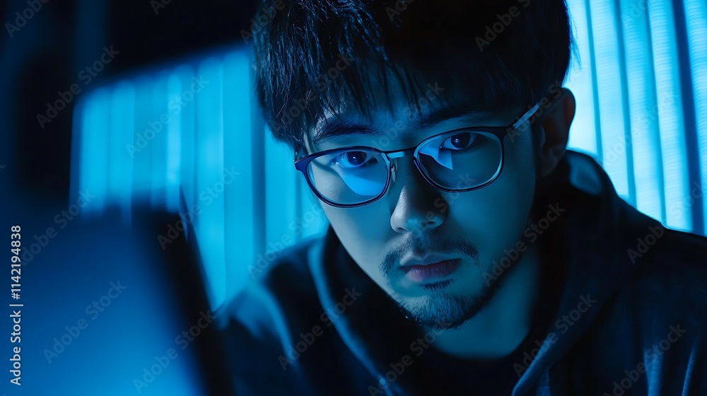 Asian hacker in front of coding display, with blue network data and copy space Asian hacker in front of coding display, with blue network data and copy space