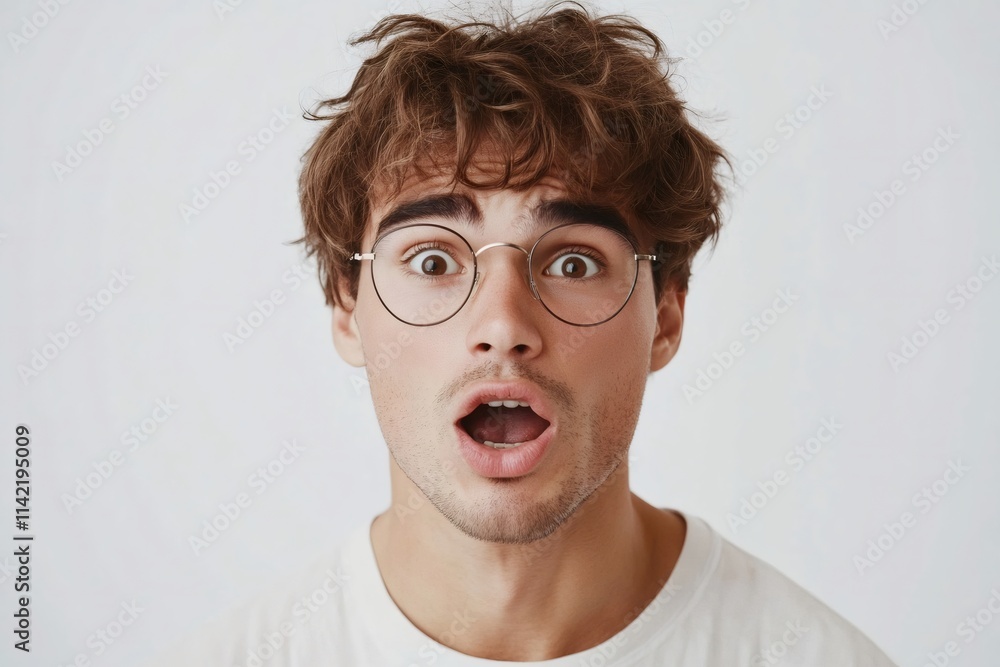 Shocked young man wearing glasses opening mouth in amazement Shocked young man wearing glasses opening mouth in amazement