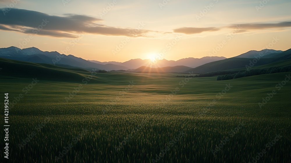 Obraz premium Breathtaking Mountain Sunset Over Green Fields and Silhouette Hills : Generative AI