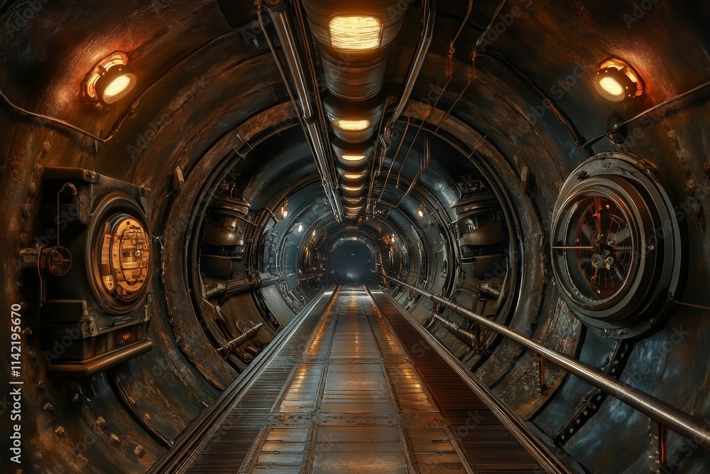 Obraz premium Illuminated metallic tunnel; industrial, aged, futuristic.