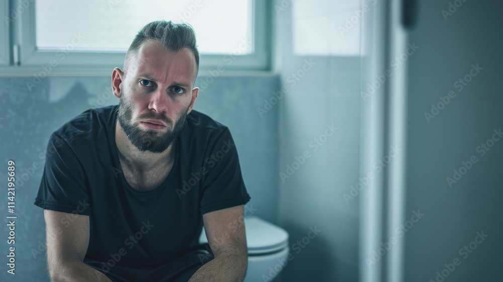 Close-up of man sitting on modern toilet looking slightly uncomfortable, clean minimalistic bathroom environment with copy space for text. Close-up of man sitting on modern toilet looking slightly uncomfortable, clean minimalistic bathroom environment with copy space for text.