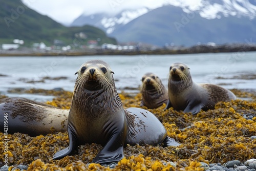 Southern fur seals resting on kelp covered beach in south georgia island photo