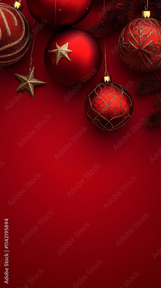 Christmas red background with christmas balls, stars and decoration. christmas wallpaper. Ultra realistic. Photorealistic Christmas red background with christmas balls, stars and decoration. christmas wallpaper. Ultra realistic. Photorealistic