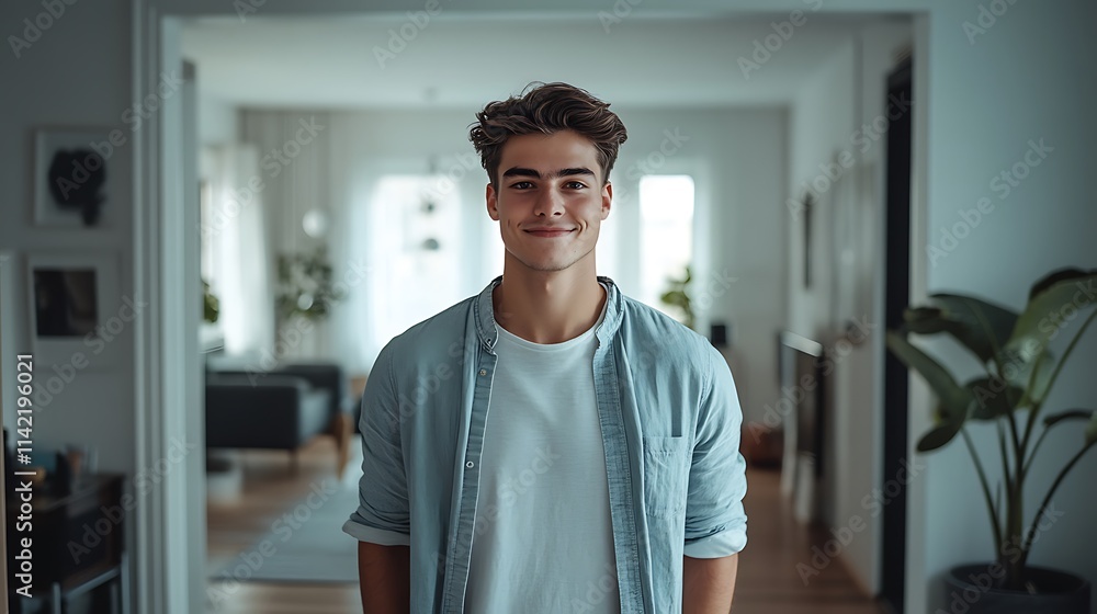 A young male model standing in a minimalist modern home with a smile on his face A young male model standing in a minimalist modern home with a smile on his face