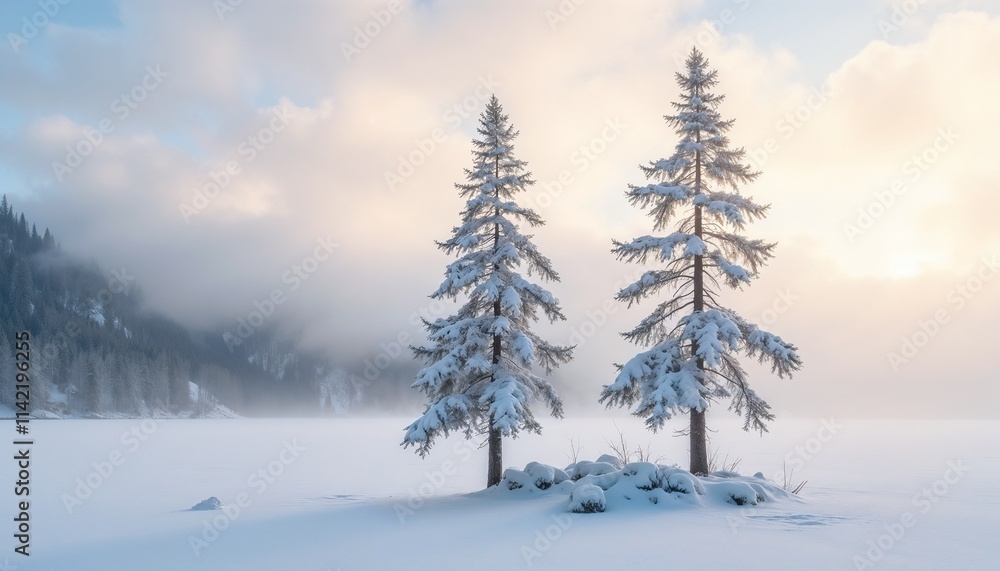 Snow-laden pine tree on frozen lake with mist and morning light. Snow-laden pine tree on frozen lake with mist and morning light.
