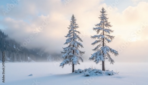 Snow-laden pine tree on frozen lake with mist and morning light.