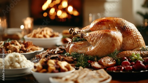 A lavish Thanksgiving table laden with an appetizing golden-brown roasted turkey and a plethora of side dishes, beautifully arranged around a cozy fireplace. photo