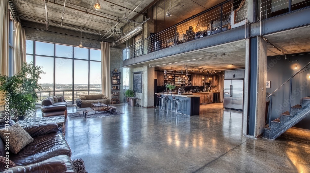 Modern loft interior with large windows and stylish furnishings Modern loft interior with large windows and stylish furnishings