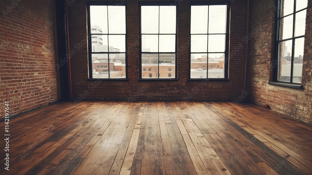 Rustic Warehouse Interior Featuring Large Windows and Wood Floor Rustic Warehouse Interior Featuring Large Windows and Wood Floor