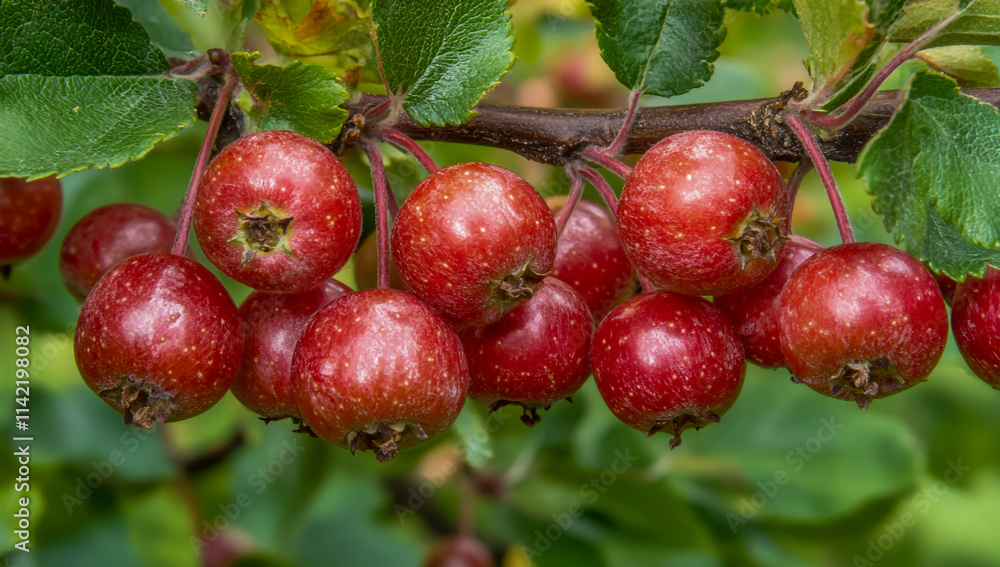 Obraz premium Macro photography of vibrant red berries clustered on the branches of an apple tree, capturing the vivid clarity and rich texture, natural beauty.