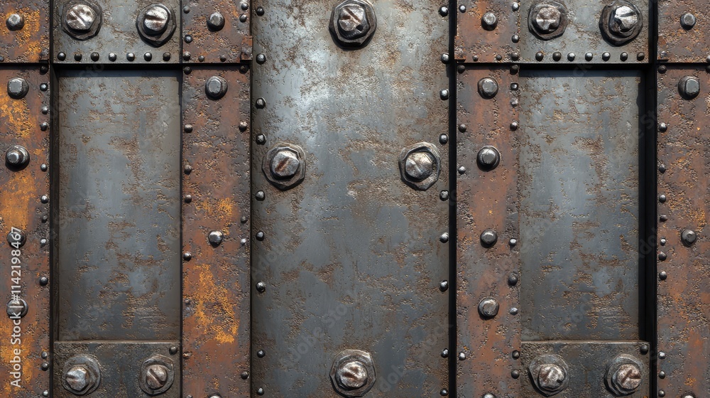 Fototapeta premium Rusty Metal Plate with Rivets and Industrial Texture Background