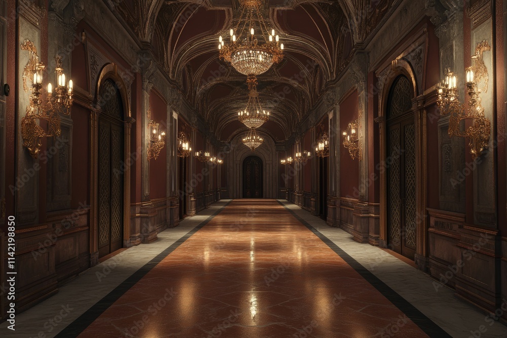 Obraz premium Ornate hallway, chandeliers, marble floor, dark wood.