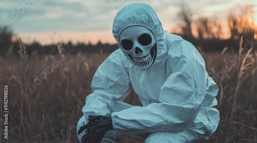 An individual in a skeleton mask and protective clothing crouches in a grassy field at sunset, evoking themes of anonymity and existential introspection in nature. photo