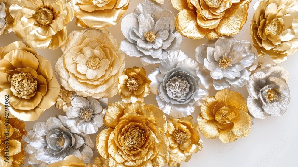 Fototapeta premium Elegant Gold and Silver Paper Flowers for Decorative Background
