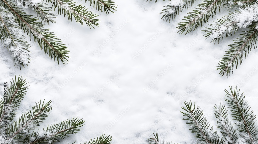 White Fluffy Snow Texture with Pine Branches on Top With Copy Space White Fluffy Snow Texture with Pine Branches on Top With Copy Space