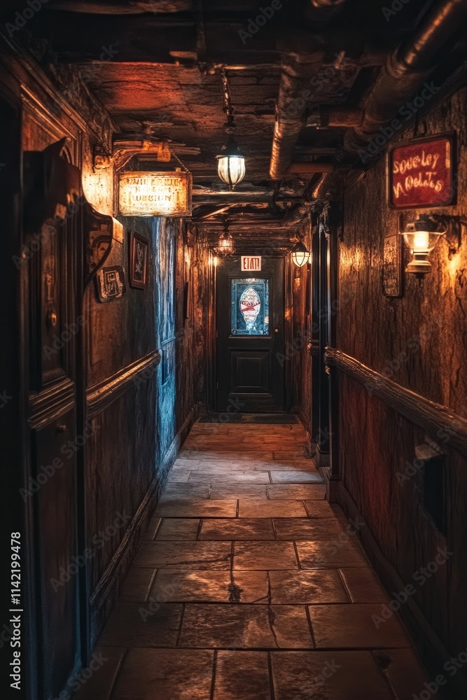 Dark hallway, aged wood, tiled floor, dim lighting. Dark hallway, aged wood, tiled floor, dim lighting.
