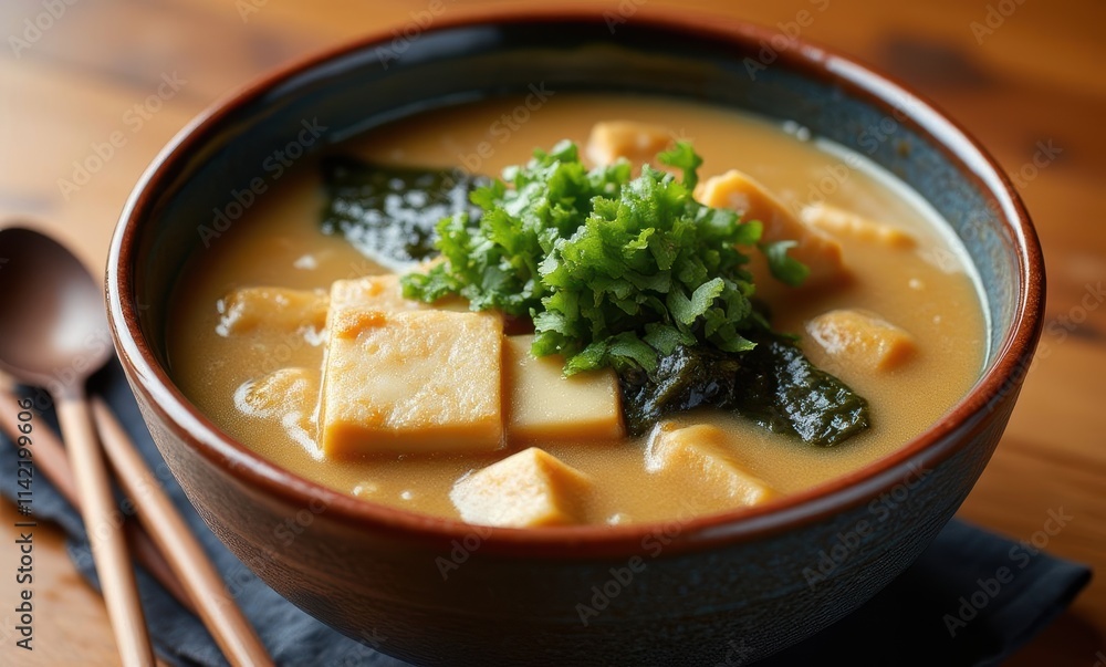 Delicious tofu miso soup in a bowl Delicious tofu miso soup in a bowl