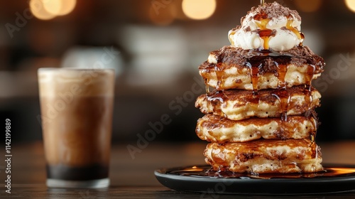 A luscious stack of richly topped pancakes with creamy accents and powdered chocolate, accompanied by a layered latte, offering an indulgent breakfast experience. photo