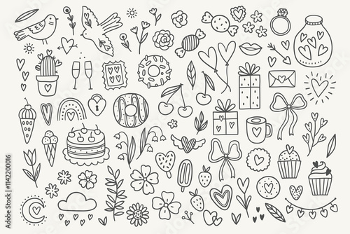 Wallpaper Mural Valentine's Day set - birds, donuts, cupcake, flower, cookie, gift, hearts, ice cream on white background. Perfect for romantic greeting cards, decorations. Vector outline hand drawn illustration Torontodigital.ca