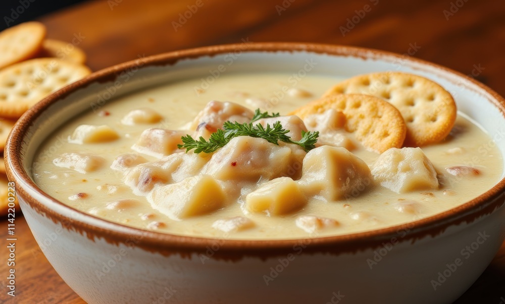 Creamy soup with crackers on wooden table Creamy soup with crackers on wooden table