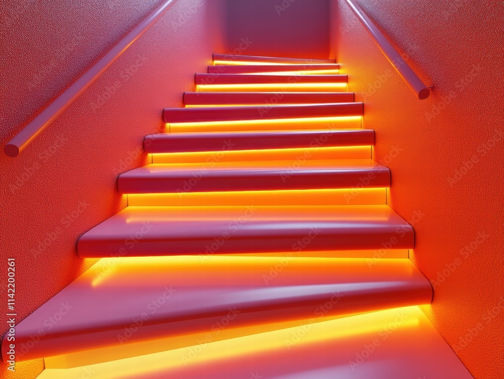 Obraz premium Minimalist Stairs with Sunset Hues Interior Space Architectural Photography Warm Ambiance Low Angle Serenity