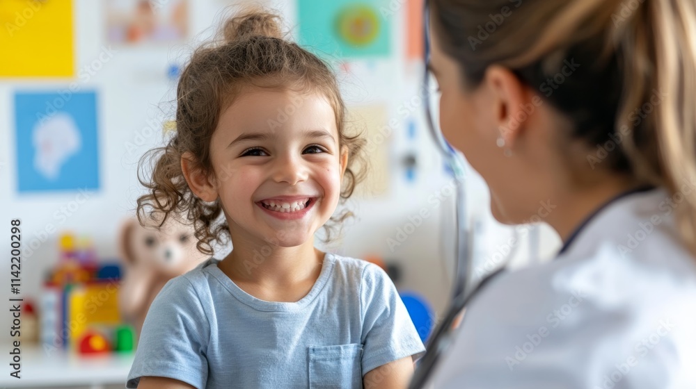 A pediatrician examining a smiling child in a bright and cheerful clinic, with colorful posters and toys in the background, creating a friendly and comforting atmosphere A pediatrician examining a smiling child in a bright and cheerful clinic, with colorful posters and toys in the background, creating a friendly and comforting atmosphere