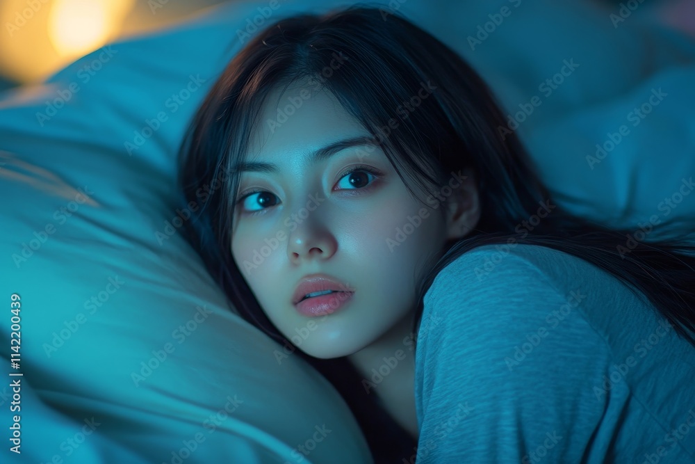 Asian women opened eyes lying on the bed have an insomnia problems, Generative AI Asian women opened eyes lying on the bed have an insomnia problems, Generative AI