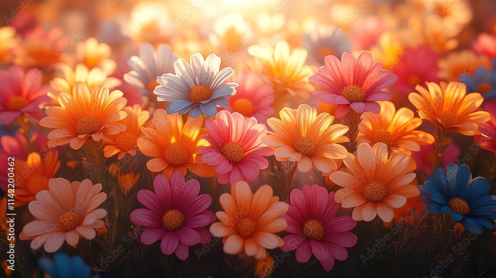Fototapeta premium Vibrant Sunset Bloom: A Field of Colorful Flowers at Golden Hour