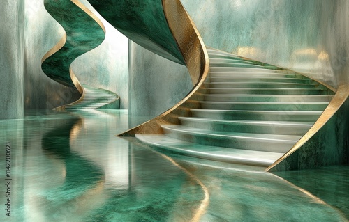 Geometric Abstract Stairs in Forest Green and Earthy Cabal Modern Space Digital Art Serene Environment Unique Perspective photo