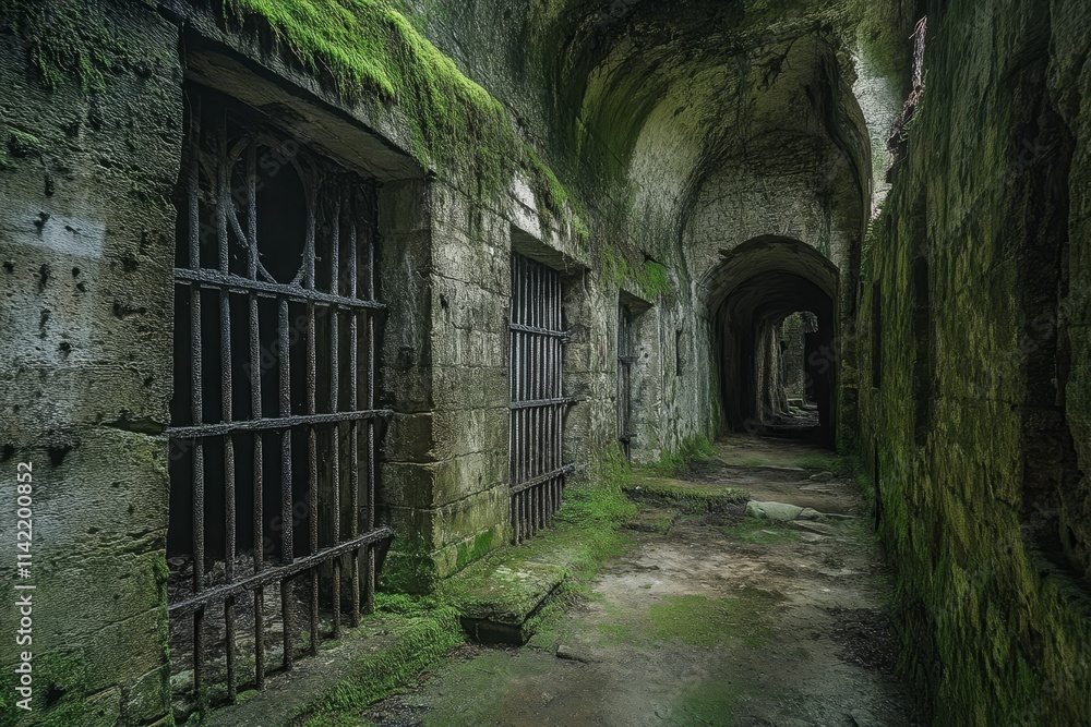 Moss-covered stone passage, barred cells, arched ceiling. Moss-covered stone passage, barred cells, arched ceiling.