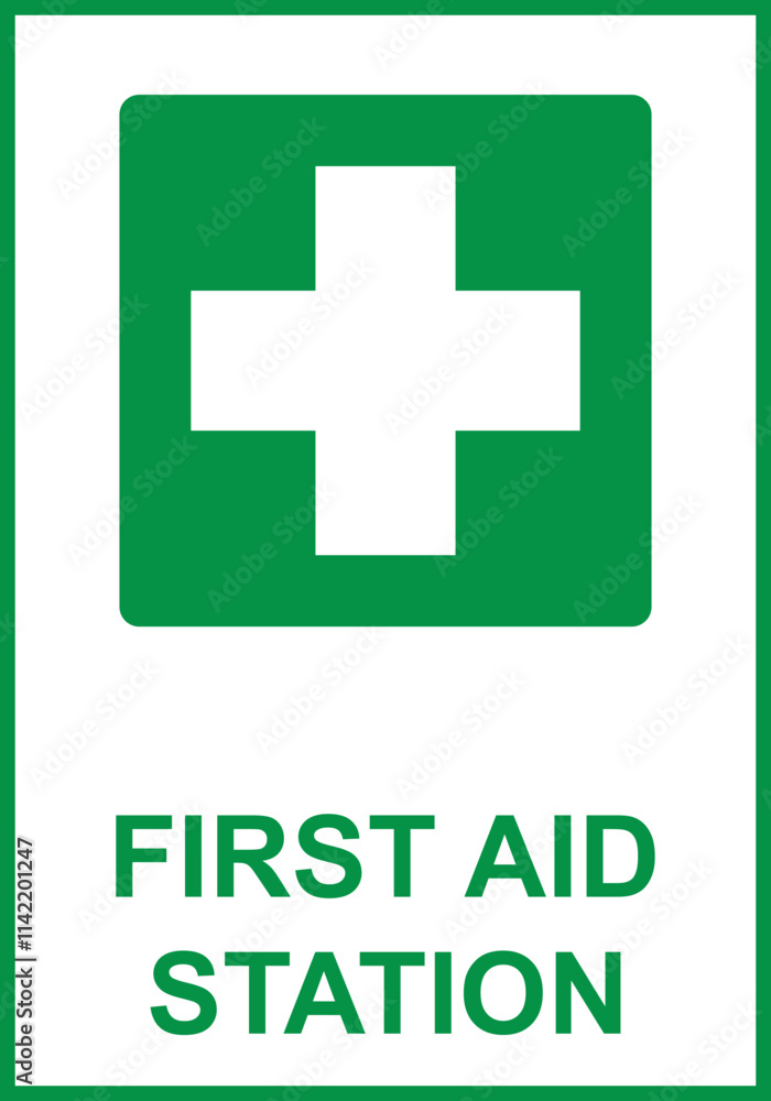 Fototapeta premium Green sign first aid. Indications the location equipment, means or premises related to the provision of first aid. Safety symbol. Green directional sign. Safety first. First aid station. Iso 7010.